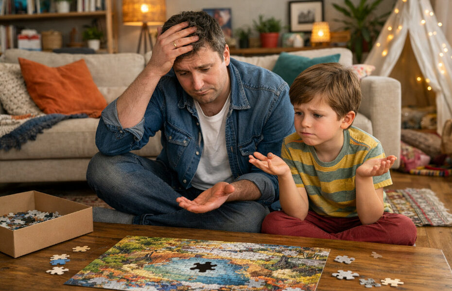 une homme et son fils déçu par un puzzle Ravensburger incomplet