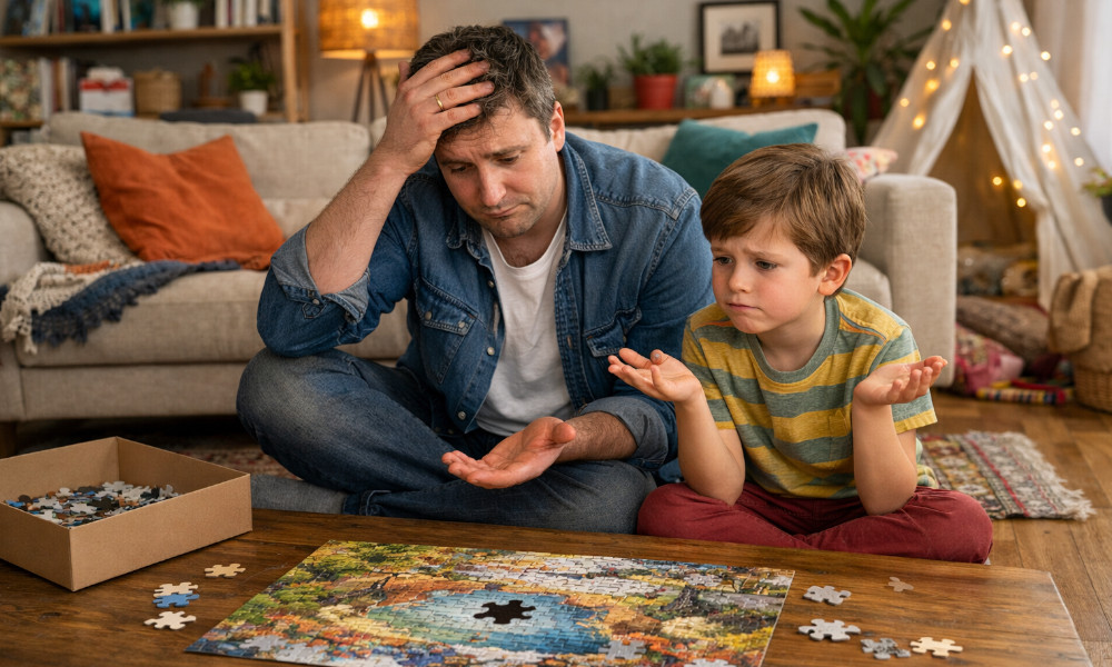 une homme et son fils déçu par un puzzle Ravensburger incomplet