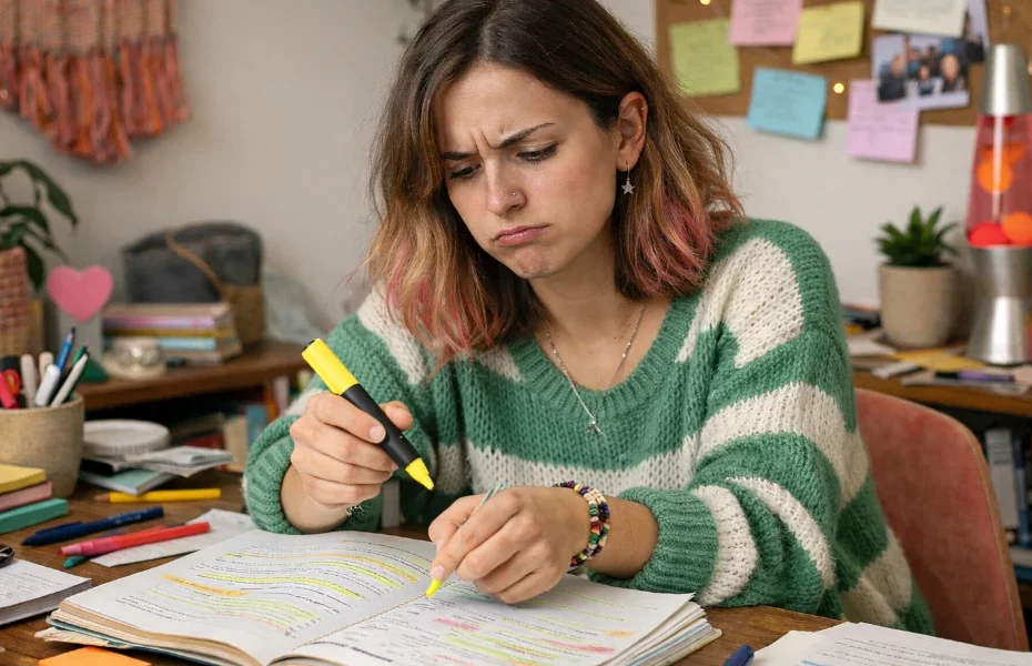 étudiante utilisant un fluo Stabilo cassé