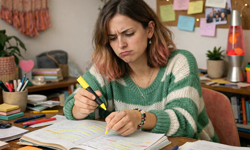 étudiante utilisant un fluo Stabilo cassé