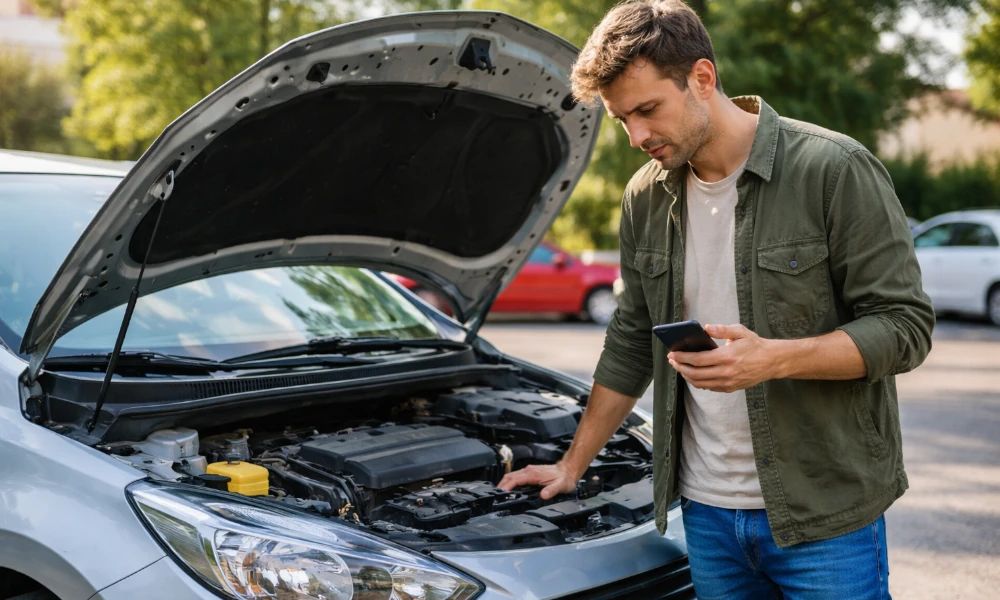 homme en panne avec sa voiture Suzuki