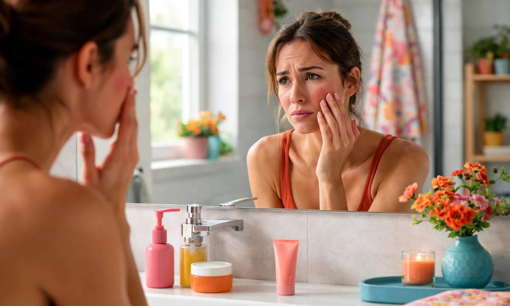 femme inquiète observant une rougeur après un soin Celestetic