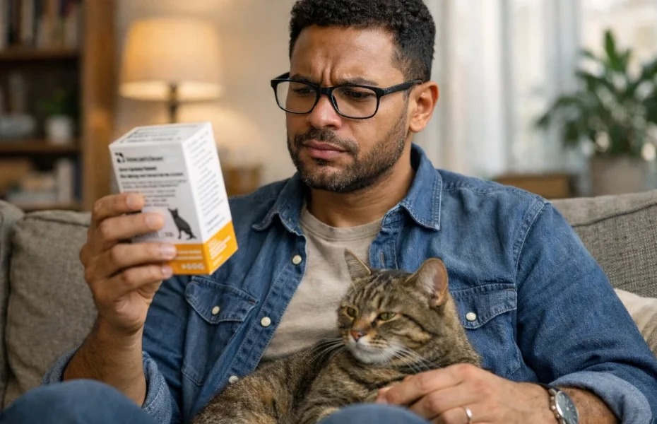 homme examinant un médicament commandé sur ChronoVet avec son chat sur les genoux