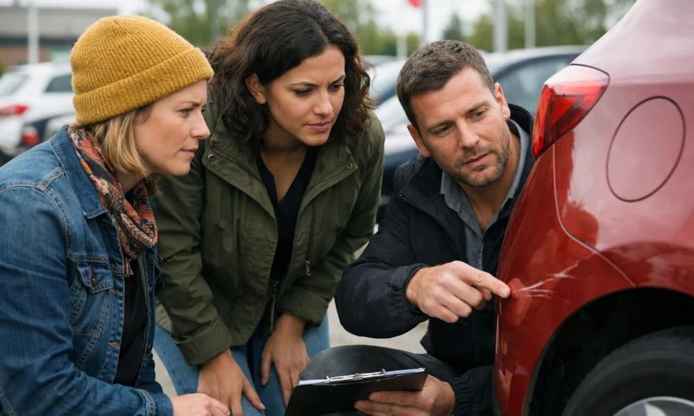 clientes et agent Europcar constatant une rayure sur une voiture rouge