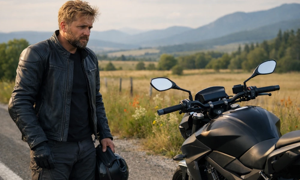 homme en panne sur la route avec sa moto Honda