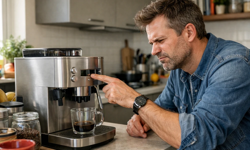 homme frustré face à une machine à café Krups en panne dans sa cuisine
