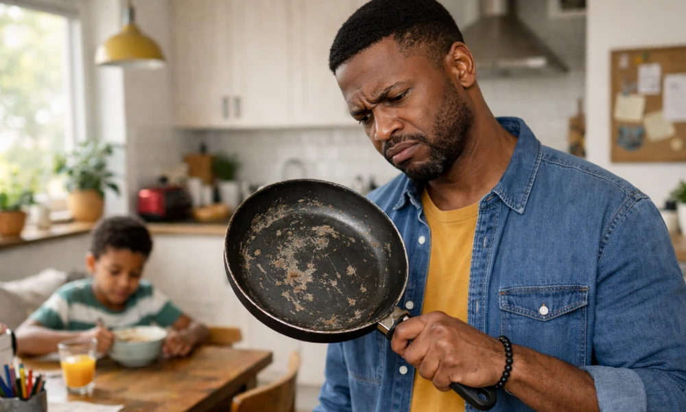 homme ayant reçu une poêle Tefal abîmée