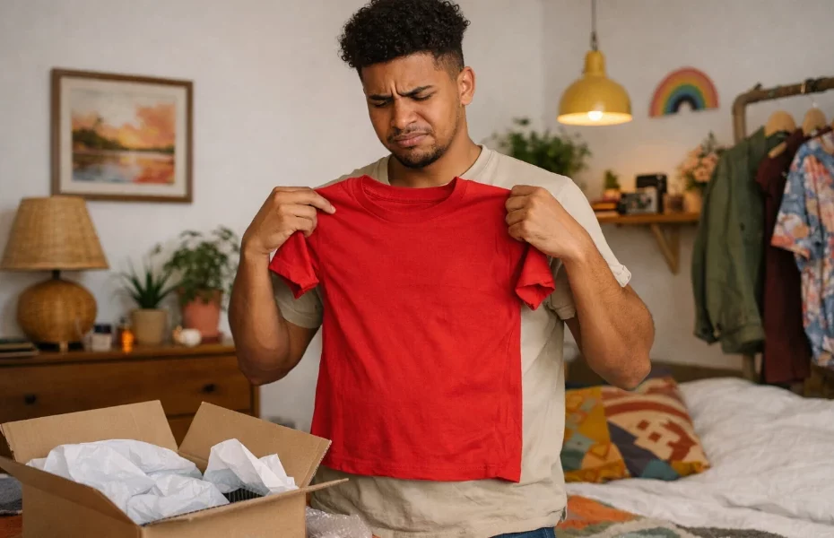 jeune homme ayant reçu un t-shirt trop petit via Zalando