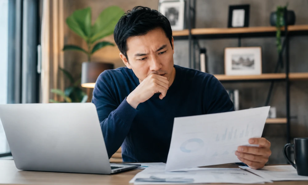 homme préoccupé examine des documents financiers de Buy Way