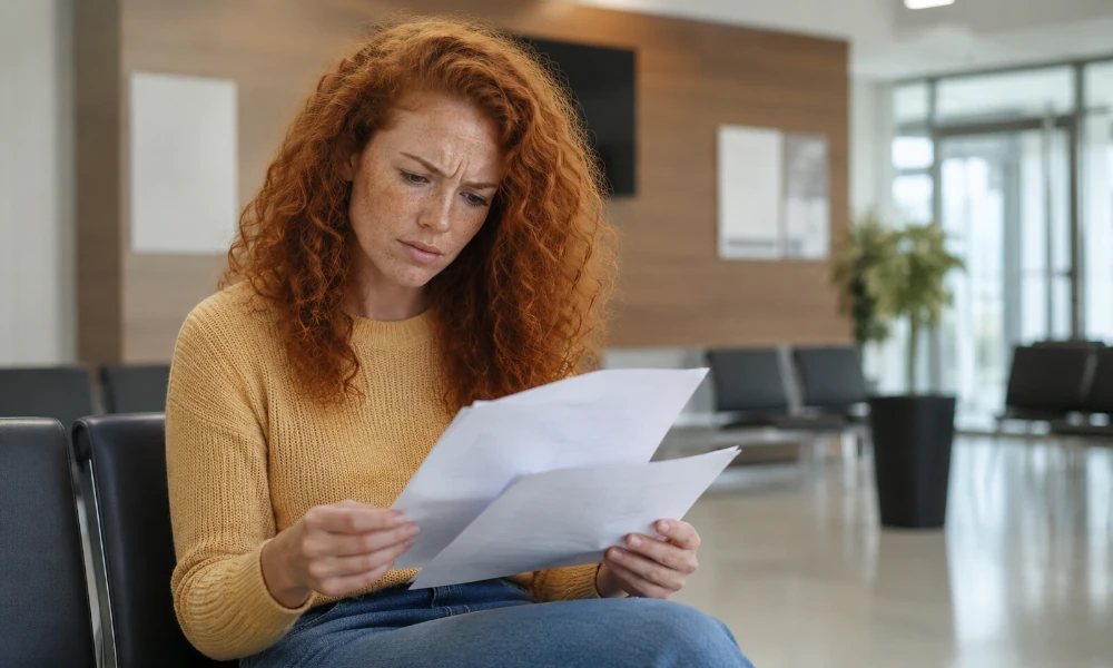 femme consulte des documents avec inquiétude dans un salle d'attente du Forem