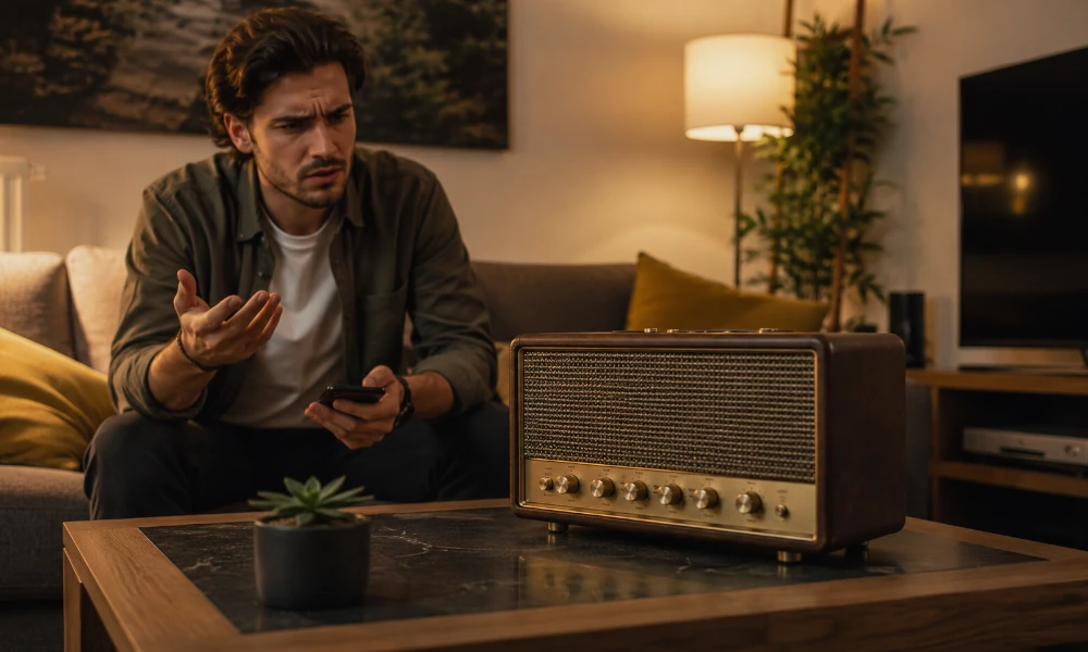 homme ne parvenant pas à faire fonctionner une enceinte Marshall