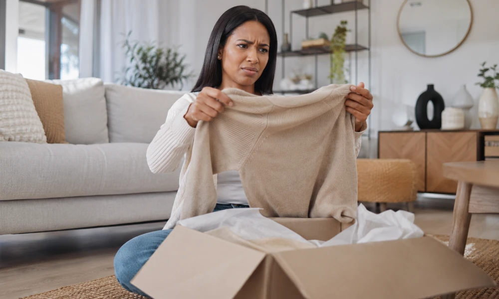 femme déçue par la qualité d'un pull Méson