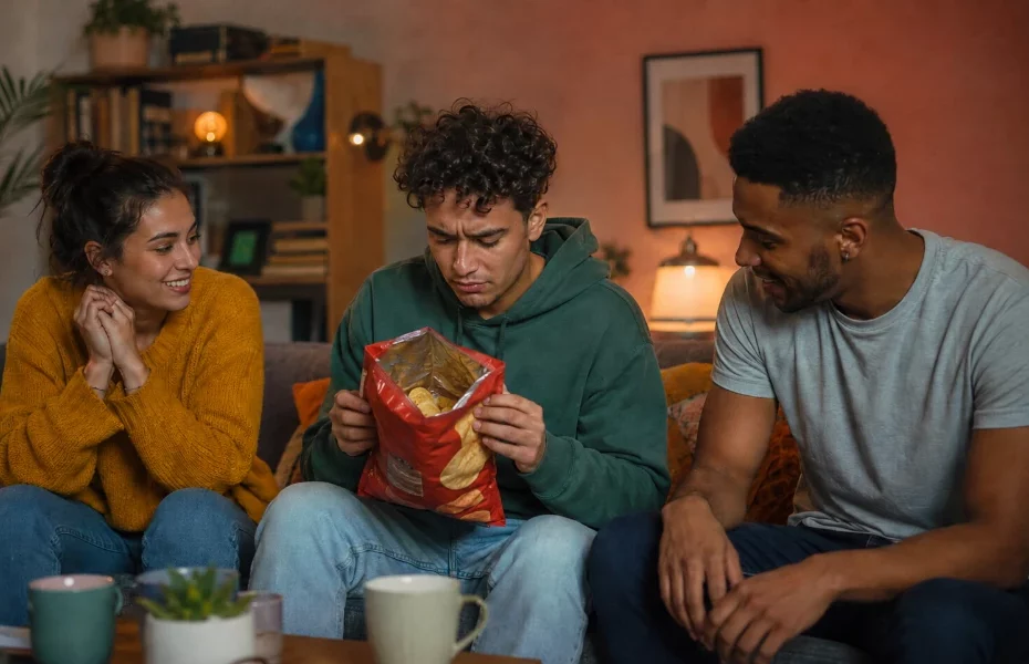 jeune homme déçu à l'ouverture d'un paquet de chips Lay's