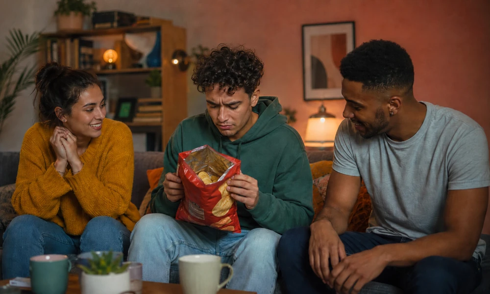 jeune homme déçu à l'ouverture d'un paquet de chips Lay's