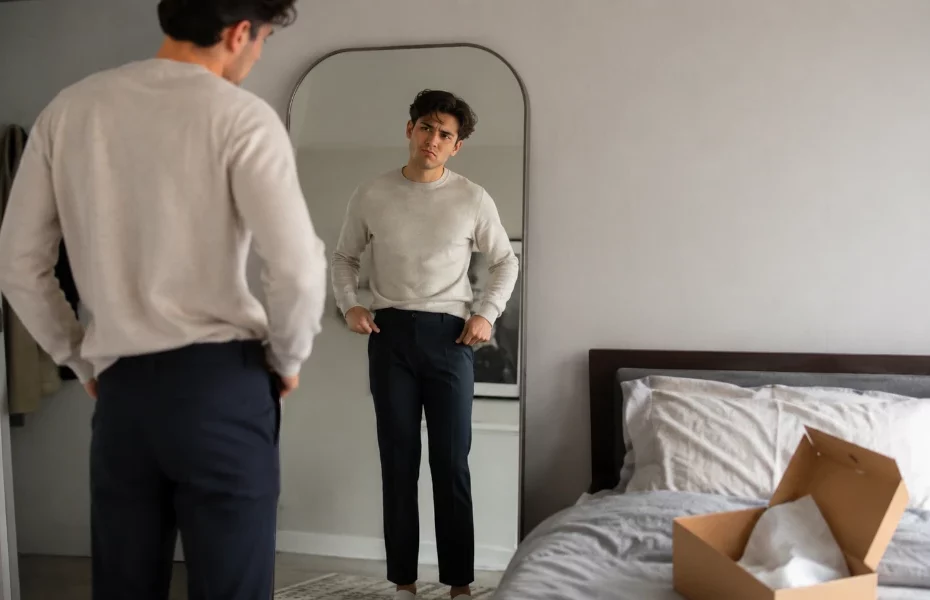 homme déçu par un pull acheté chez Lucid Collective