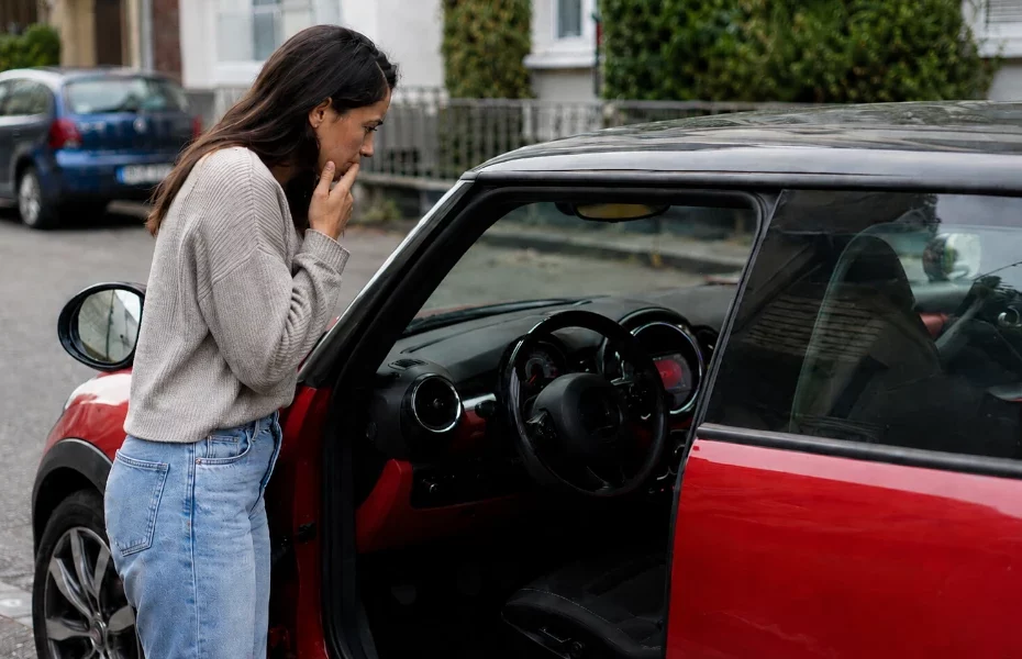 femme constatant un problème avec sa Mini Cooper rouge