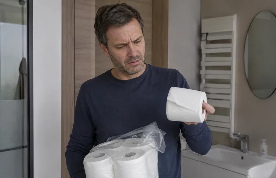 homme constatant un problème de qualité avec du PQ Scottex