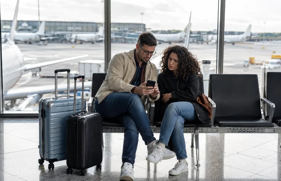 couple rencontrant un souci dans une salle d'embarquement Tunisair