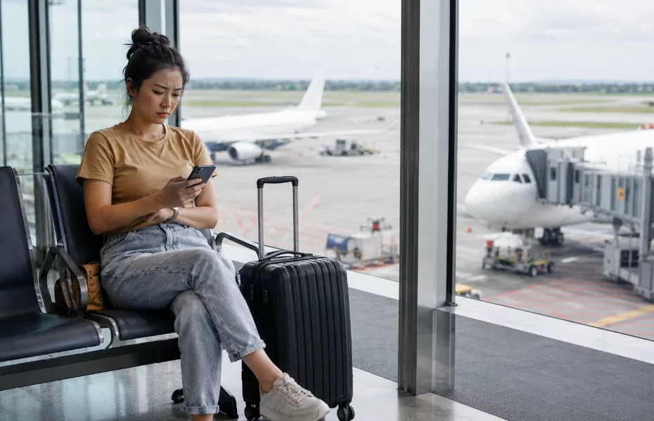 femme en salle d'embarquement attendant son avion American Airlines en retard