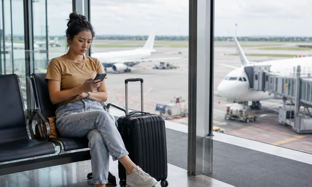 femme en salle d'embarquement attendant son avion American Airlines en retard