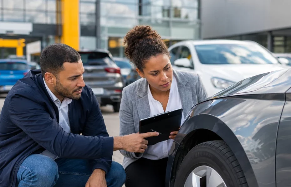 client et employée Ayvens constatant des rayures sur une voiture de location