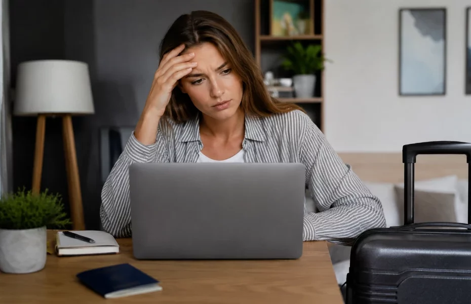femme rencontrant des soucis techniques sur le site Opodo, sur son ordinateur portable