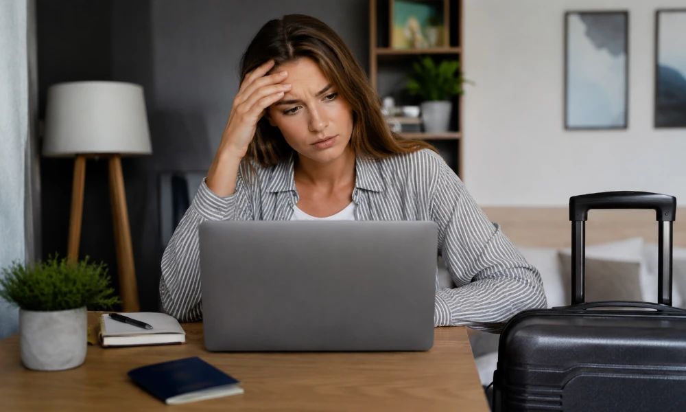 femme rencontrant des soucis techniques sur le site Opodo, sur son ordinateur portable
