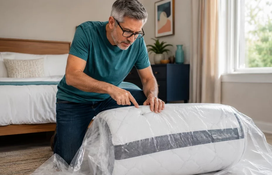 homme constatant un défaut à l'ouverture sur un matelas Sealy