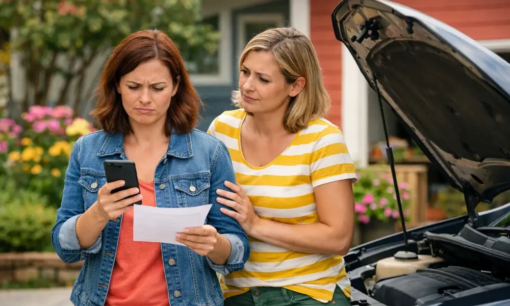 deux femmes faisant une réclamation avec un smartphone devant leur Toyota en panne