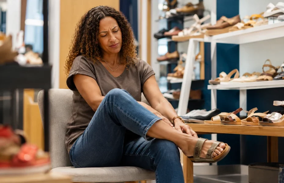 cliente essayant des sandales Birkenstock en magasin, peu convaincue