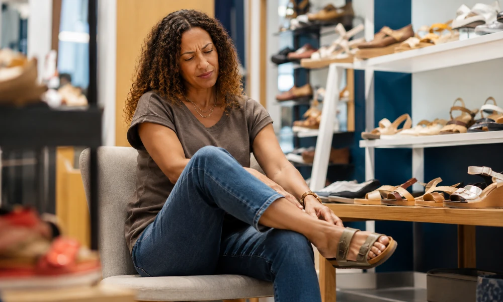 cliente essayant des sandales Birkenstock en magasin, peu convaincue