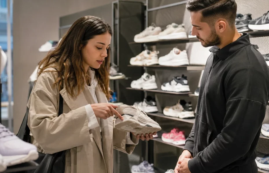 cliente montrant une basket abimée à un vendeur dans un magasin Courir