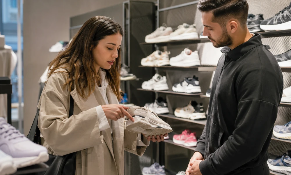 cliente montrant une basket abimée à un vendeur dans un magasin Courir