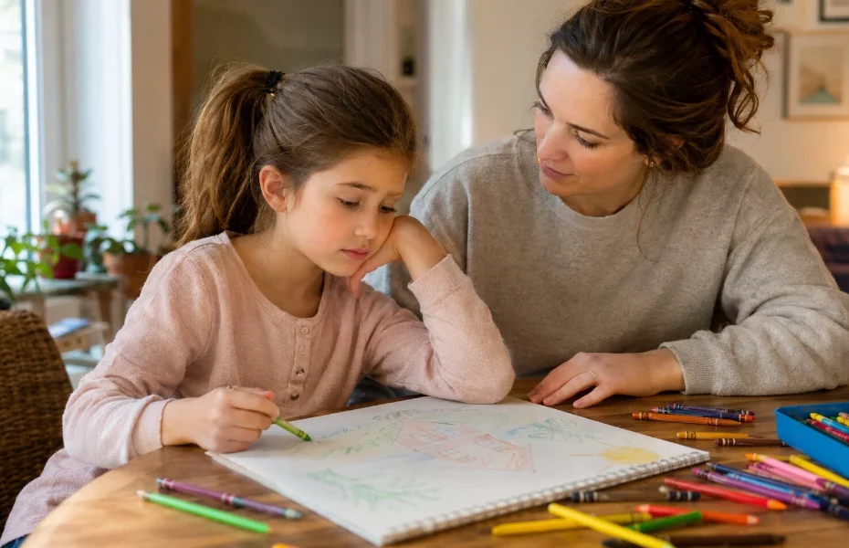 petite fille en train de dessiner déçue par la qualité de ses crayons Crayola