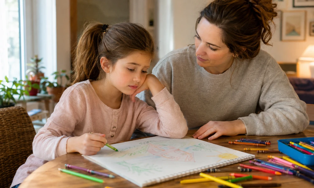petite fille en train de dessiner déçue par la qualité de ses crayons Crayola