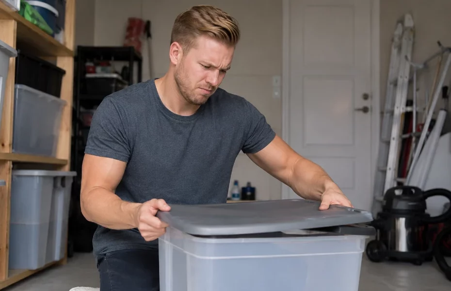 homme tentant de fermer une boîte de rangement Curver mais le couvercle ne s’emboîte pas correctement