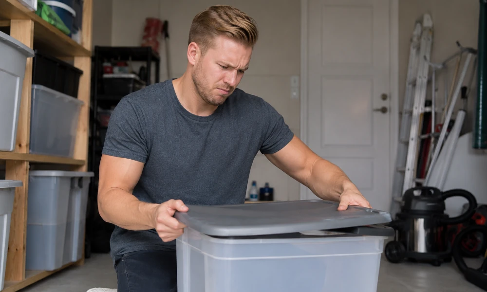 homme tentant de fermer une boîte de rangement Curver mais le couvercle ne s’emboîte pas correctement
