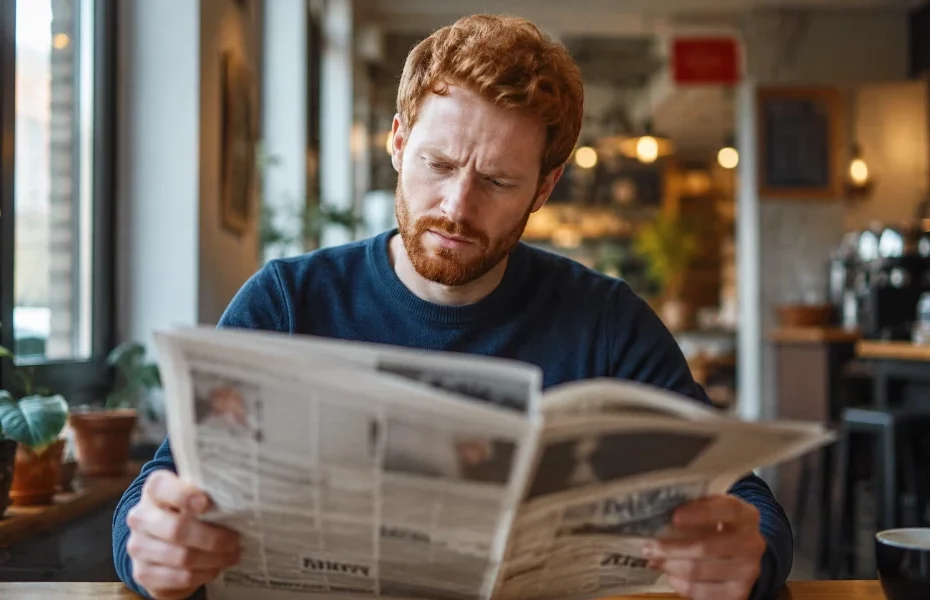 homme remarquant une erreur dans un journal papier De Morgen