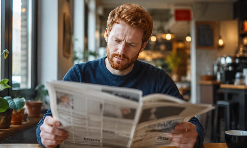 homme remarquant une erreur dans un journal papier De Morgen