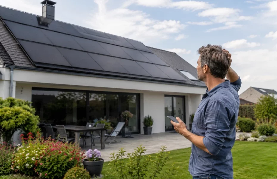 homme inquiet par rapport aux panneaux solaires Energreen sur le toit de sa maison