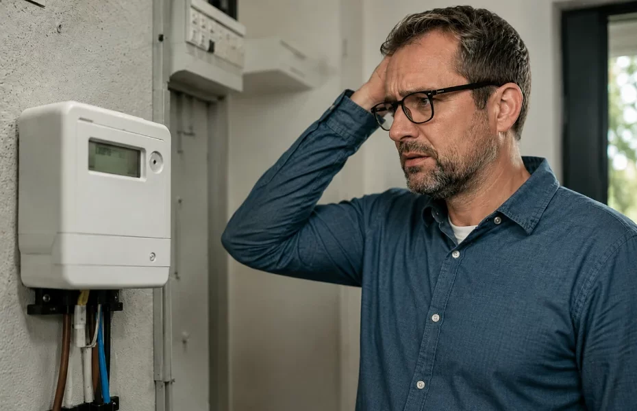 propriétaire inquiet devant un compteur électrique affichant une mesure anormale