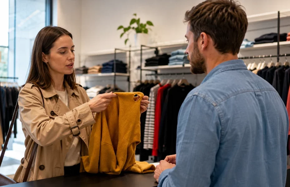 cliente ramenant un vêtement troué à un vendeur dans un magasin JBC