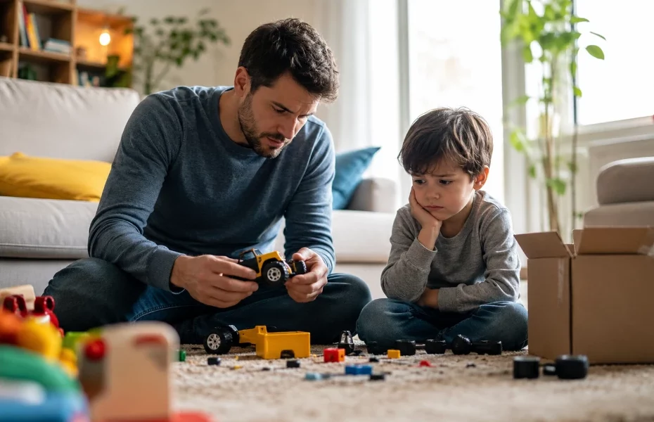 petit garçon et son père déçus par la qualité de jouets Mattel