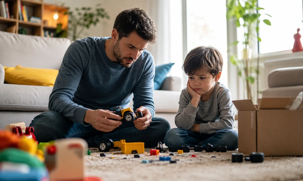 petit garçon et son père déçus par la qualité de jouets Mattel