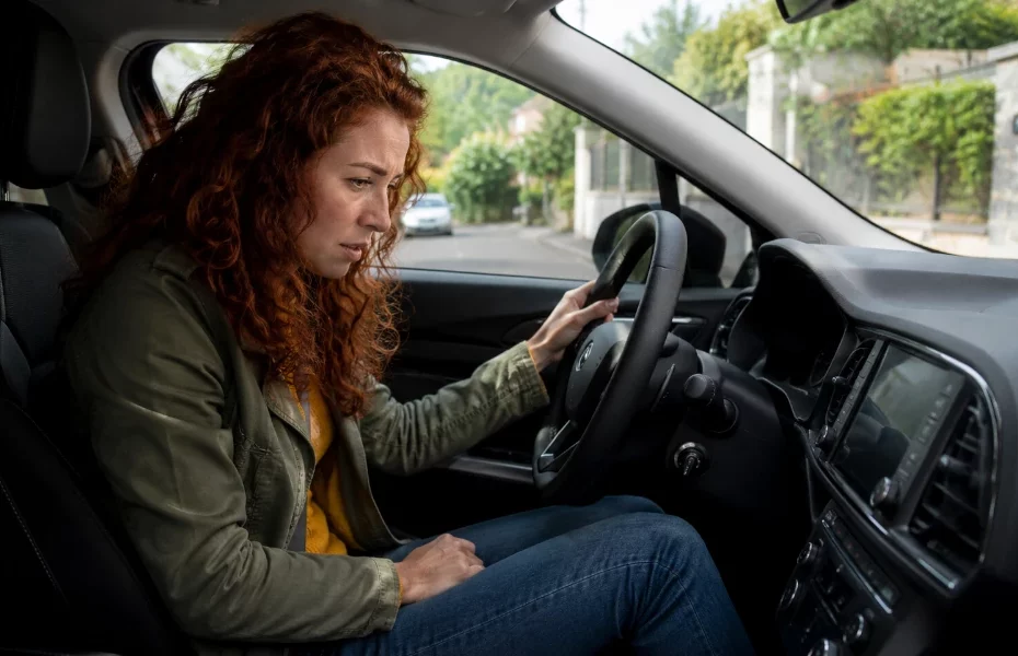 conductrice inquiète dans sa voiture regardant le tableau de bord après l’apparition d’un voyant lumineux
