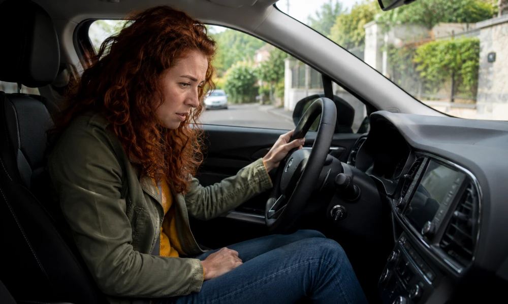 conductrice inquiète dans sa voiture regardant le tableau de bord après l’apparition d’un voyant lumineux