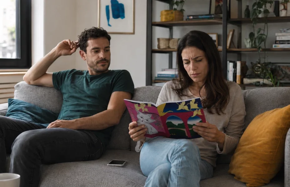 couple perplexe par rapport au contenu d'un journal Médor