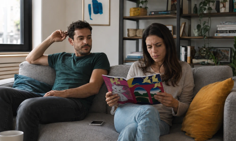 couple perplexe par rapport au contenu d'un journal Médor