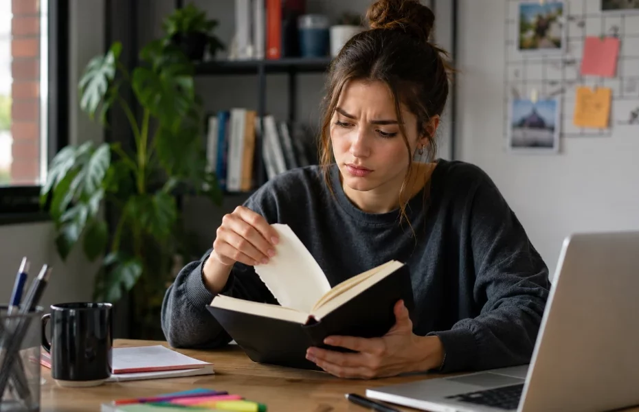 étudiante déçue par la qualité de pages qui s'arrachent de son carnet Moleskine