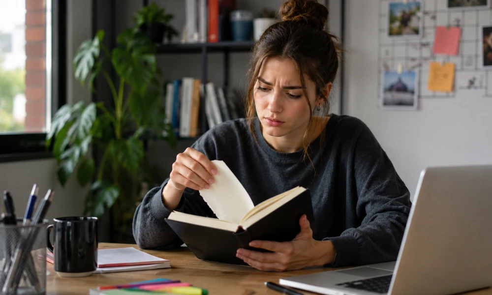 étudiante déçue par la qualité de pages qui s'arrachent de son carnet Moleskine